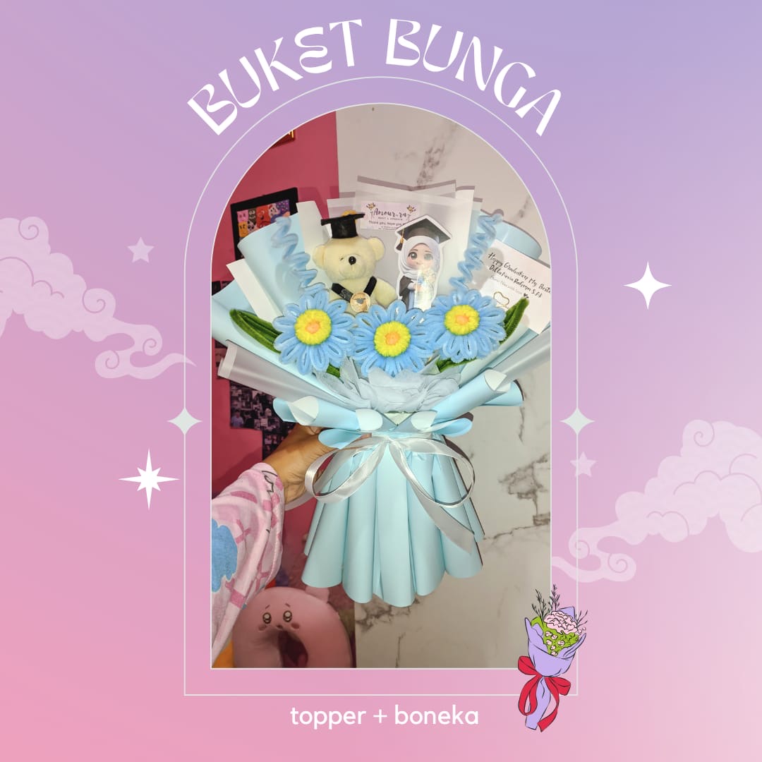 buket bunga + boneka & topper